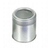 small round candy tin with clear lid