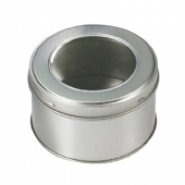 small round candy tin box with window