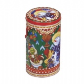 round popcorn tin box with string handle